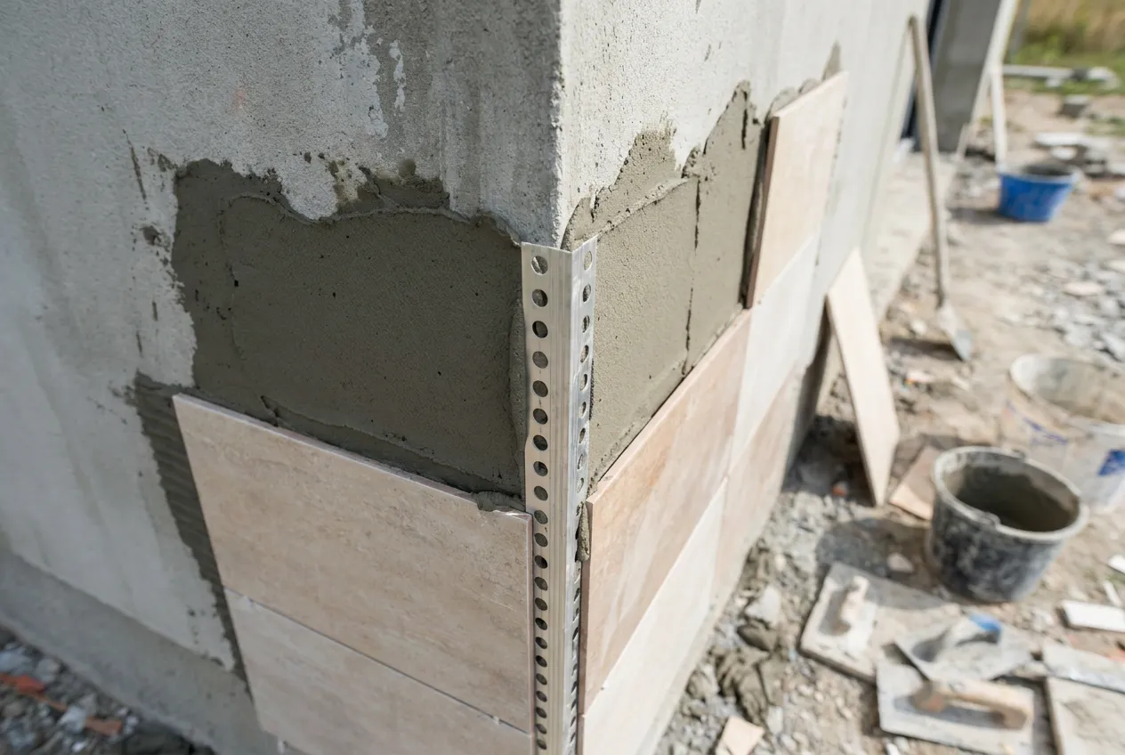 Latte de niveau fixée au mur avant la pose du premier rang